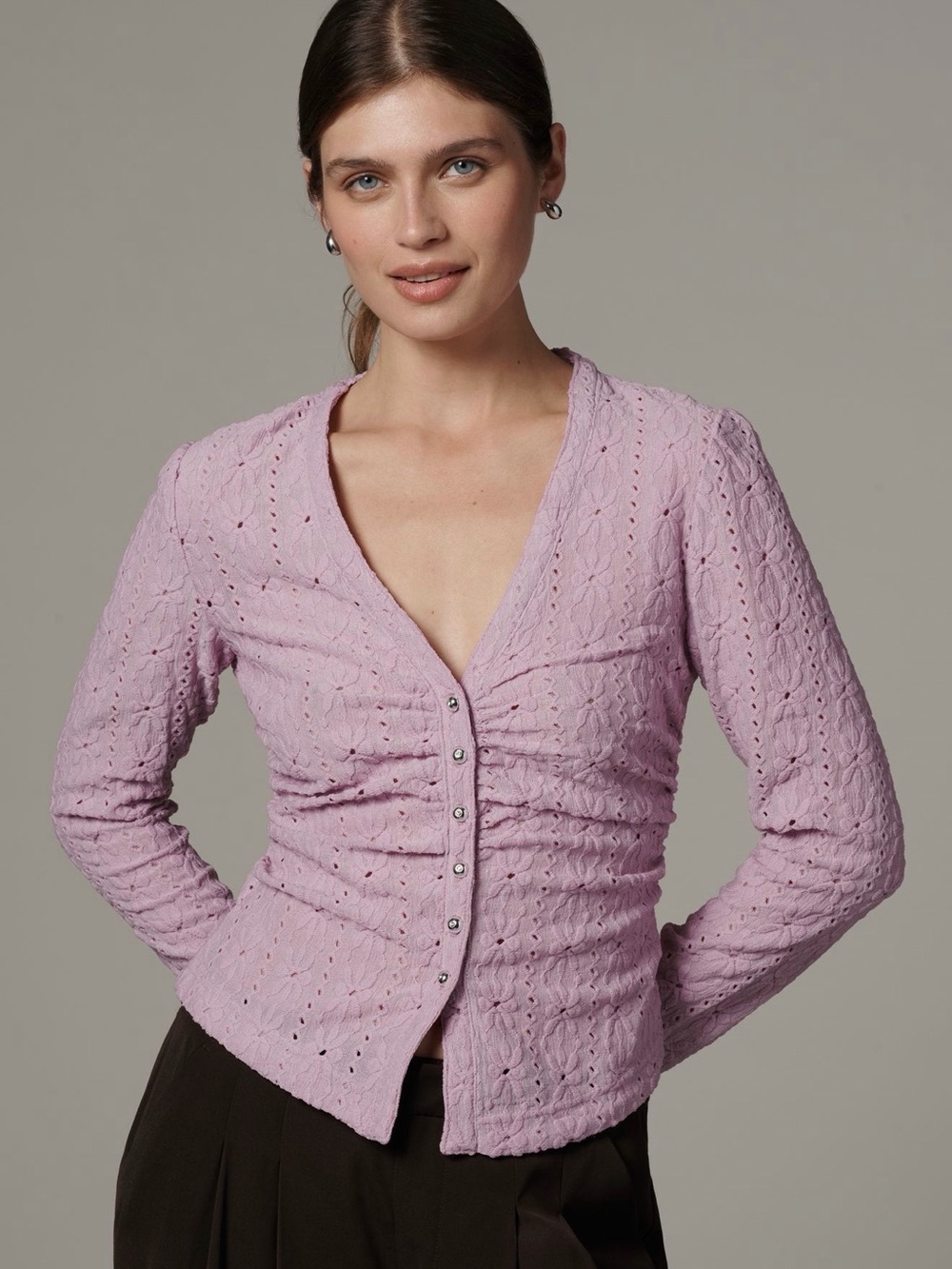 Anthropologie Lilac Eyelet Ruched Button-Front Shirt
